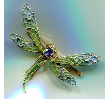 Plique à Jour Sapphire, Emerald and Diamond Dragonfly Brooch