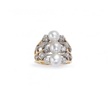 French Art Nouveau Pearl Diamond Platinum and Gold Three Row Ring, Circa 1900