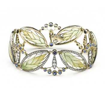 Moira Wheat and Seed Heads Plique à Jour Enamel Sapphire Diamond Gold and Silver Bracelet