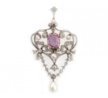 Modern Belle Epoque Style Pink Sapphire, Pearl and Diamond Pendant