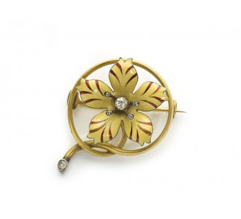 Antique Enamel Diamond and Gold Flower Brooch, Circa 1890