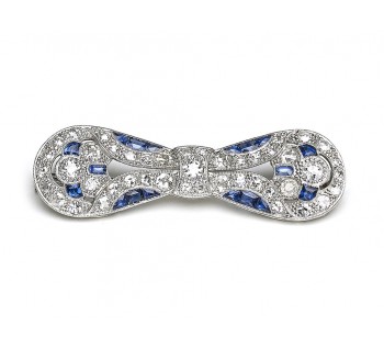 Art Deco Sapphire Diamond and Platinum Bow Brooch, Circa 1930