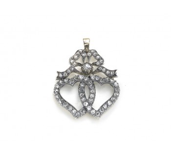 Victorian Diamond Double Heart and Bow Luckenbooth Silver Upon Gold Pendant, Circa 1880