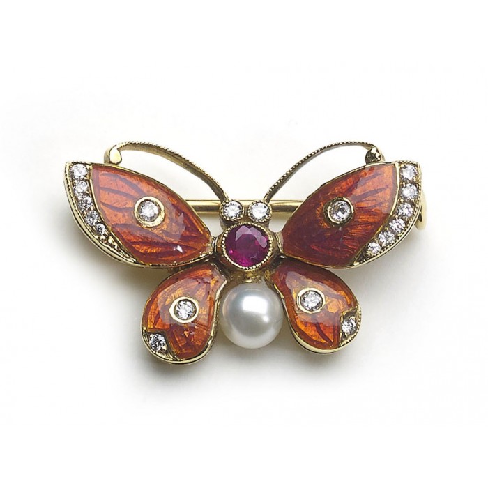Diamond, Pearl and Enamel Butterfly Brooch