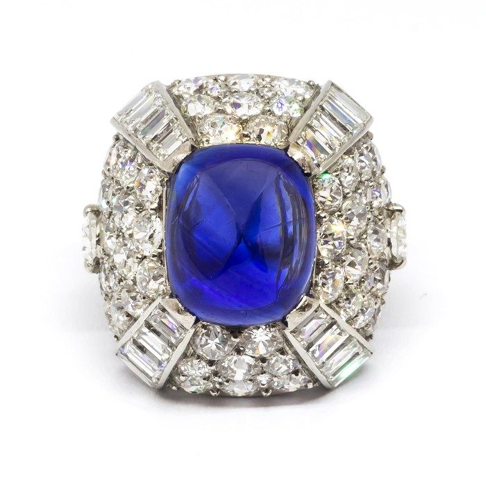 Vintage Sapphire Diamond and Platinum Bombe Ring, Circa 1960