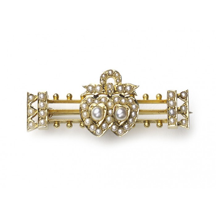 Victorian Seed Pearl Double Heart and Bow Brooch, Circa 1875