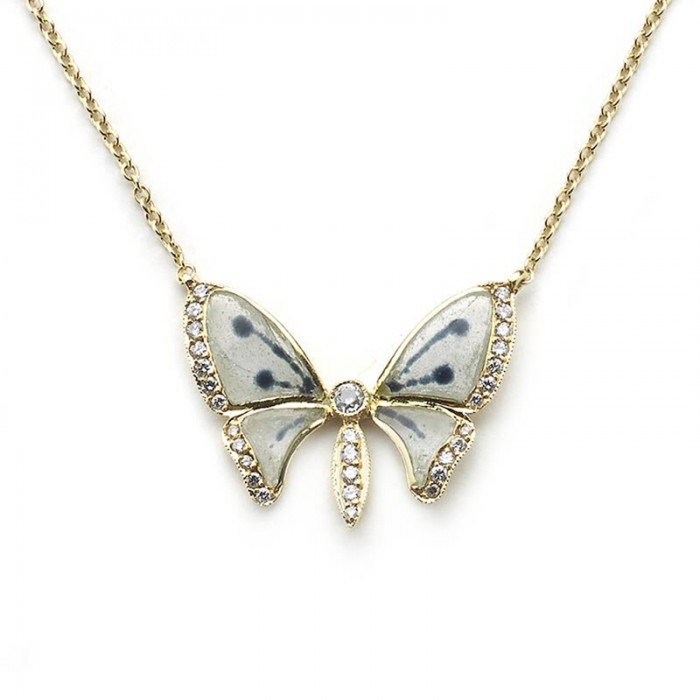Plique à Jour Enamel Diamond and Gold Butterfly Pendant Necklace