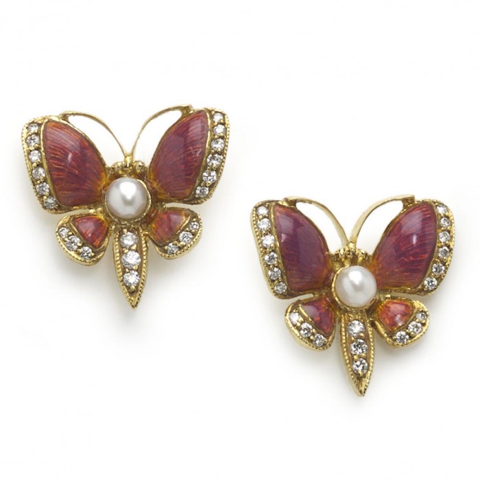 Pink Enamel Diamond Pearl and Gold Butterfly Earrings