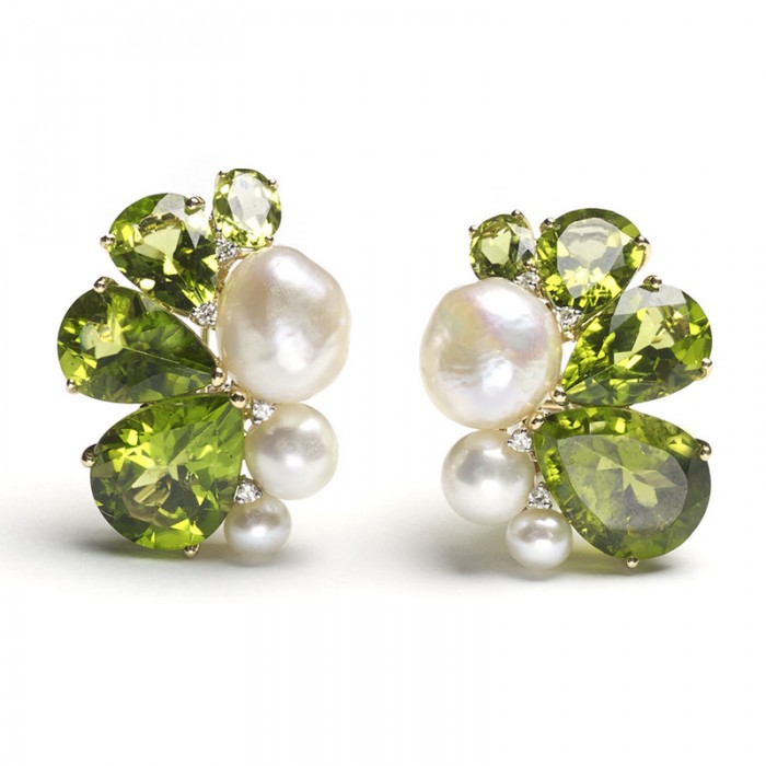 Modern Peridot, Pearl, Diamond and Gold Earrings