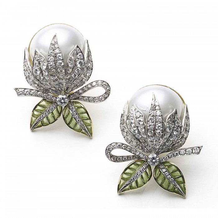 Mabe Pearl and Plique à Jour Enamel Bud Earrings