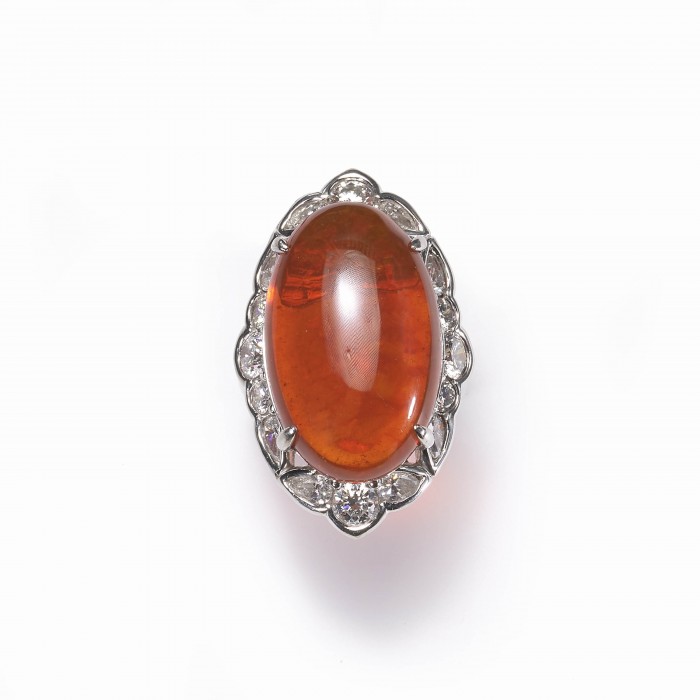 Modern Fire Opal Diamond and Platinum Cluster Ring Modern Fire Opal Diamond and Platinum Cluster Ring