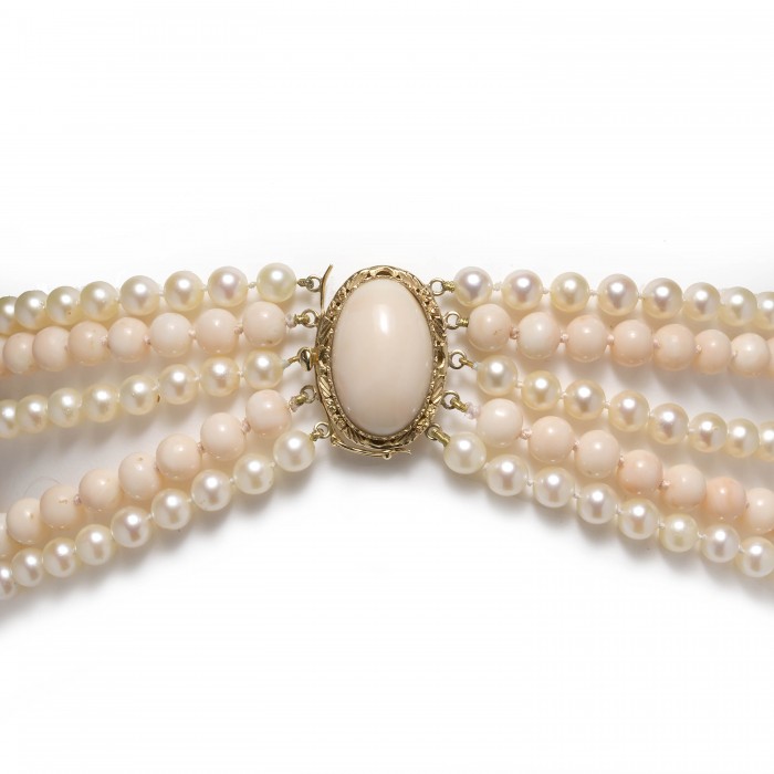 Vintage Coral And Cultured Pearl Five Row Necklace, Circa 1970