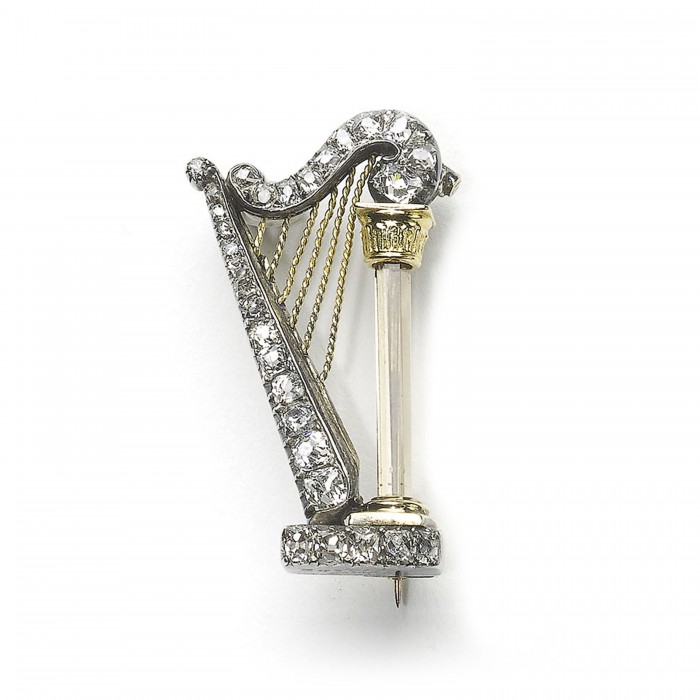 Antique Diamond Silver and Gold Harp Brooch, Circa 1890