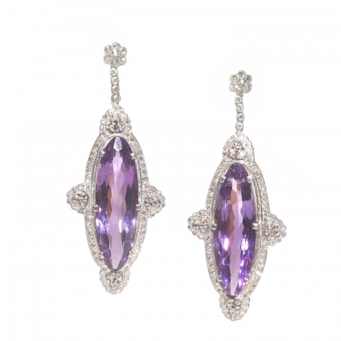 Amethyst Diamond and Silver Drop Earrings, 40.00ct