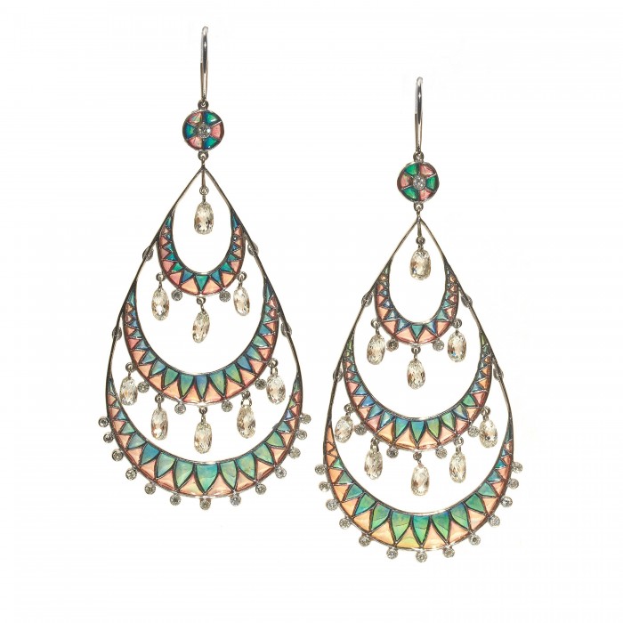 Modern Plique a Jour Enamel Briolette Diamond and Platinum Drop Earrings Modern Plique a Jour Enamel Briolette Diamond and Platinum Drop Earrings
