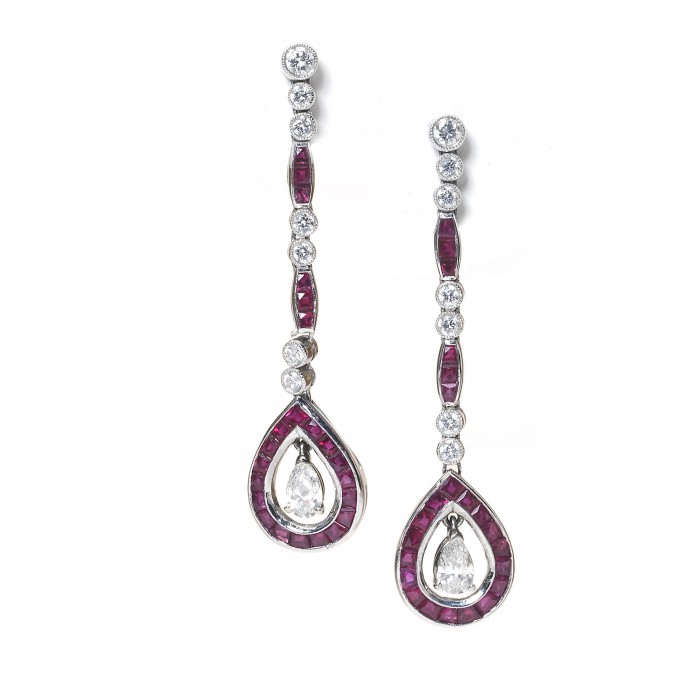 Art Deco Style Ruby Diamond and Platinum Drop Earrings
