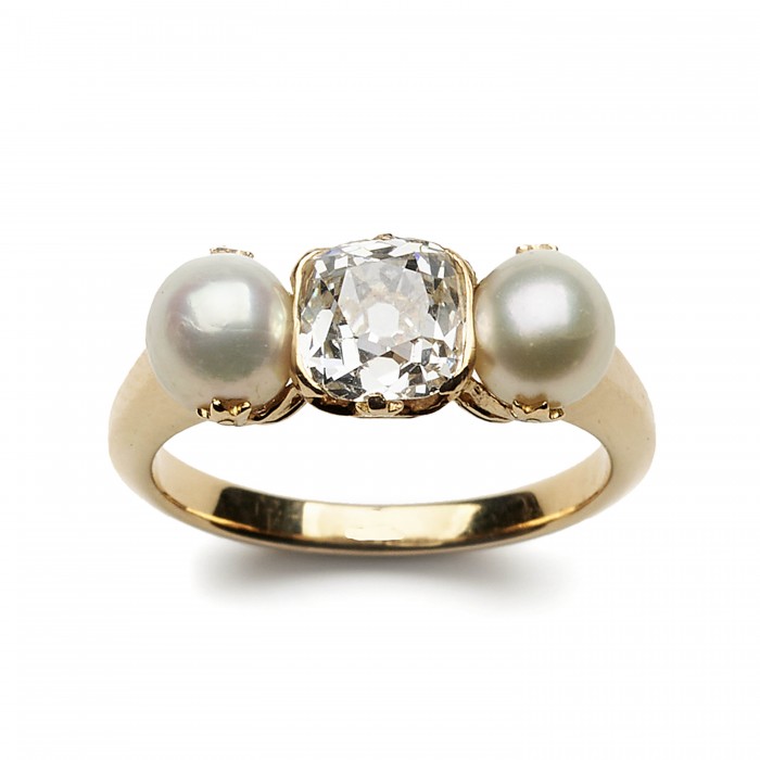 Antique Natural Pearl, Diamond and Gold Three Stone Ring