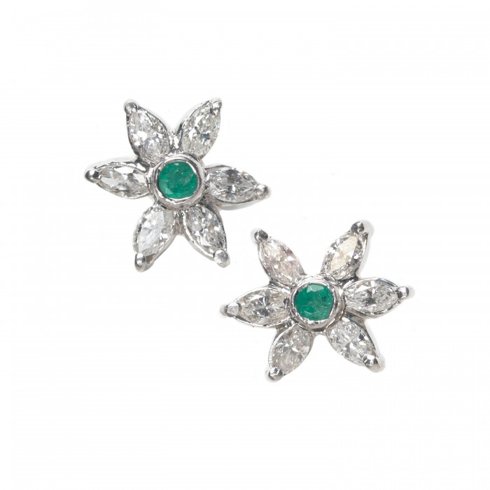 Modern Emerald Diamond and White Gold Flower Earrings