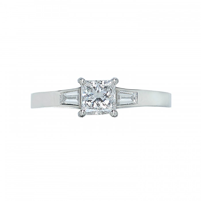 Solitaire Princess Cut Diamond and Platinum Ring with Baguette Diamond Shoulders, 0.71ct