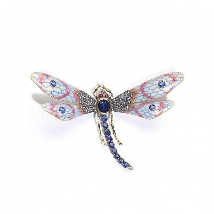 Enamel, Sapphire, Diamond, Ruby, Gold and Silver Dragonfly Brooch