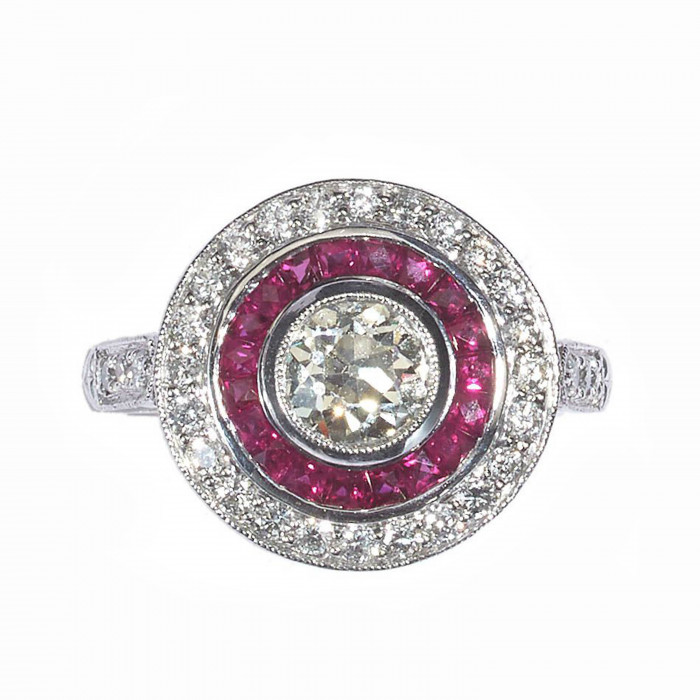 Modern Art Deco Style Ruby, Diamond and Platinum Target Cluster Ring, 0.93 Carats