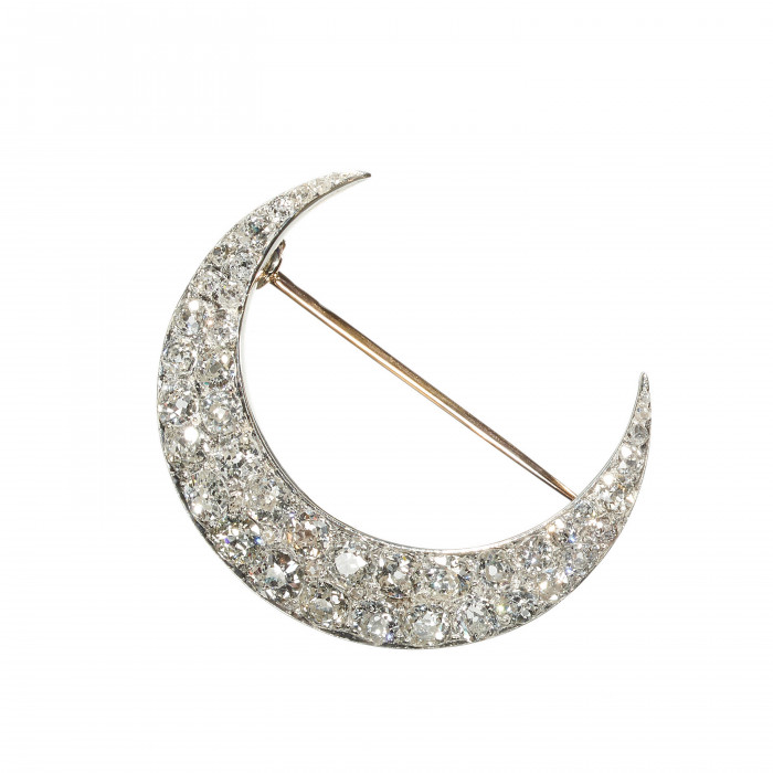 French Antique Diamond and Silver Upon Gold Crescent Brooch, 5.00ct, Circa 1880