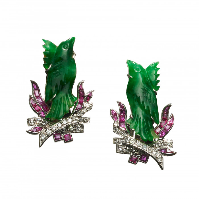 Art Deco Jade, Ruby, Diamond and Platinum Phoenix Earrings, Circa 1920
