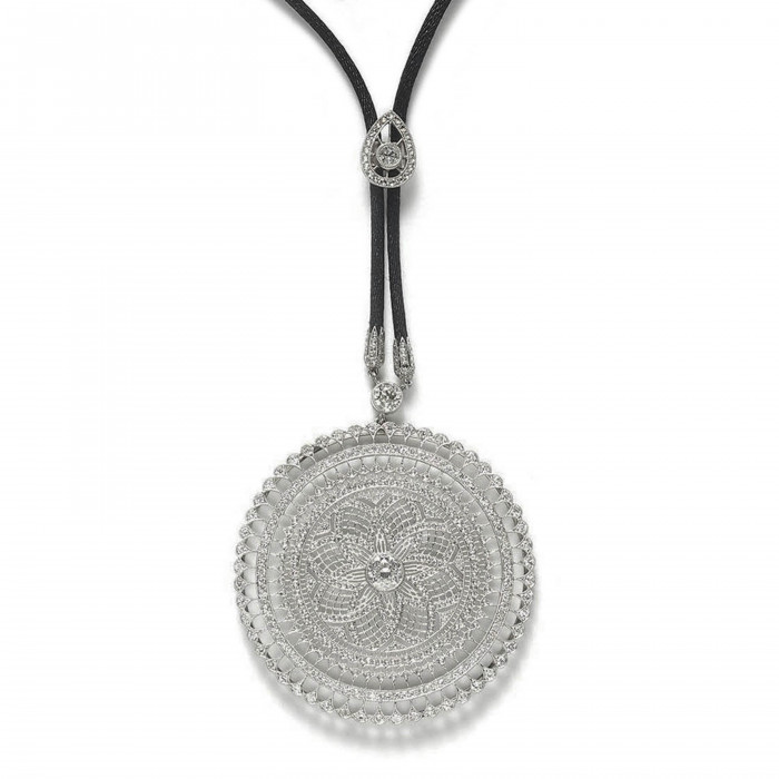 Modern Mandala Diamond and Platinum Pendant on Black Cord