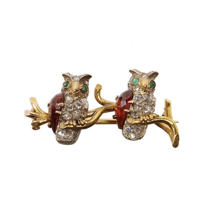 Antique French Double Owl Diamond Hessonite Garnet Emerald Silver and Gold Brooch