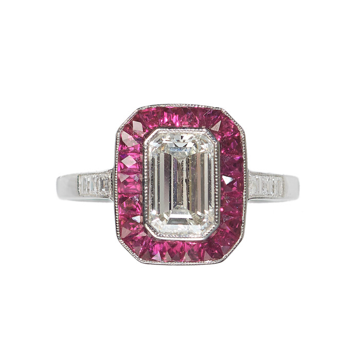 Modern Ruby, Diamond and Platinum Cluster Ring, 1.52 Carats