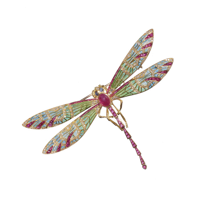 Modern Plique à Jour Enamel, Ruby, Diamond, Sapphire and Gold Dragonfly Brooch