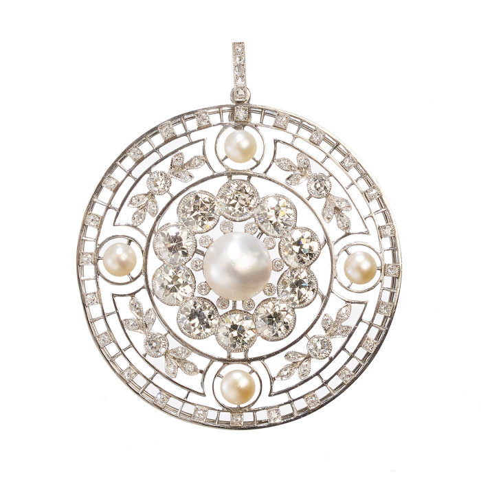 Edwardian Diamond Pearl and Platinum Pendant, Circa 1910