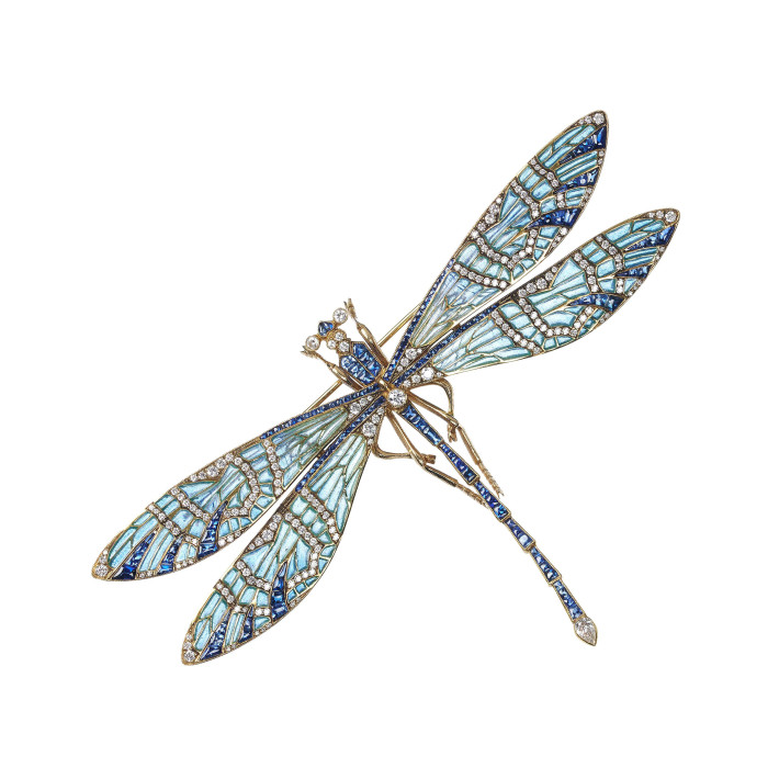 Modern Plique à Jour Enamel Sapphire Diamond and Gold Dragonfly Brooch