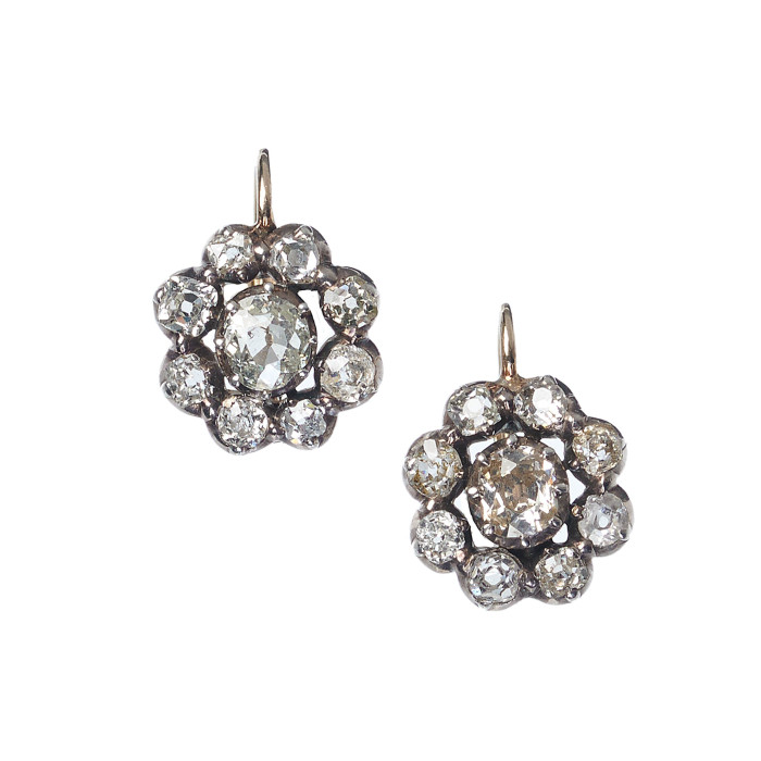 Antique Diamond and Silver Upon Gold Cluster Earrings, Circa 1880, 4.50 Carats