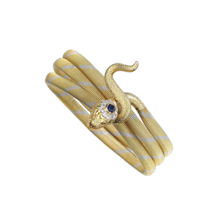 Vintage Sapphire Diamond Demantoid Garnet Yellow and White Gold Snake Bangle, Circa 1965