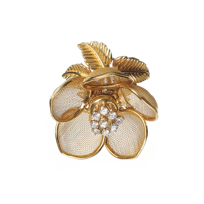 Vintage Merrin French Diamond and Gold Mesh Flower Pendant, Circa 1960