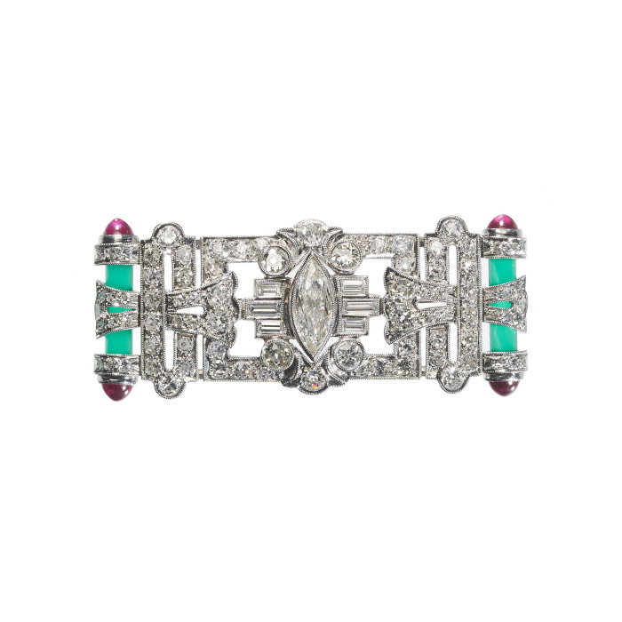 Art Deco Style Diamond, Green Agate, Ruby and Platinum Brooch, 1.95 Carats