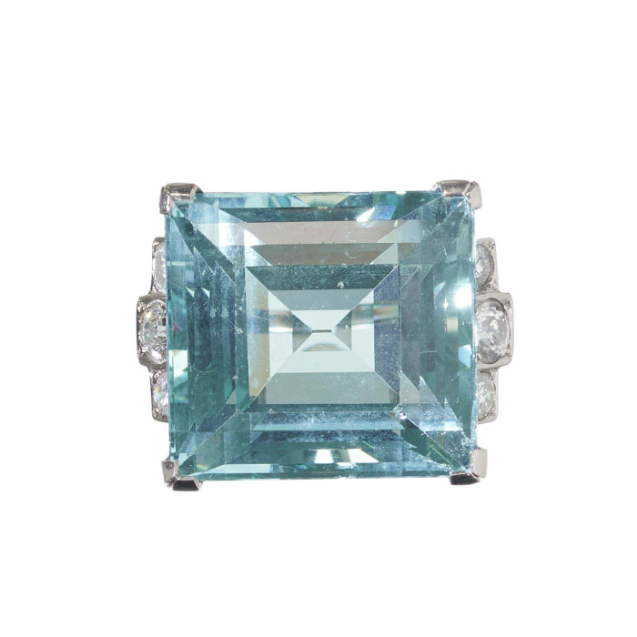 Vintage Aquamarine Diamond Ruby and Platinum Ring, Circa 1940, 36.16 Carats