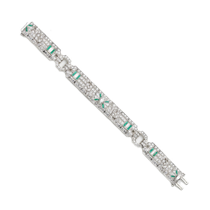 Art Deco Diamond Emerald and Platinum Bracelet, Circa 1925