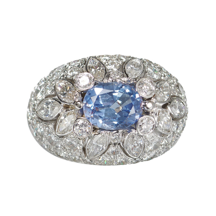 Vintage Diamond Sapphire and Platinum Bombé Ring, Circa 1960