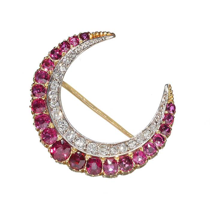 Antique Ruby Diamond Gold and Silver Crescent Brooch, Circa 1900