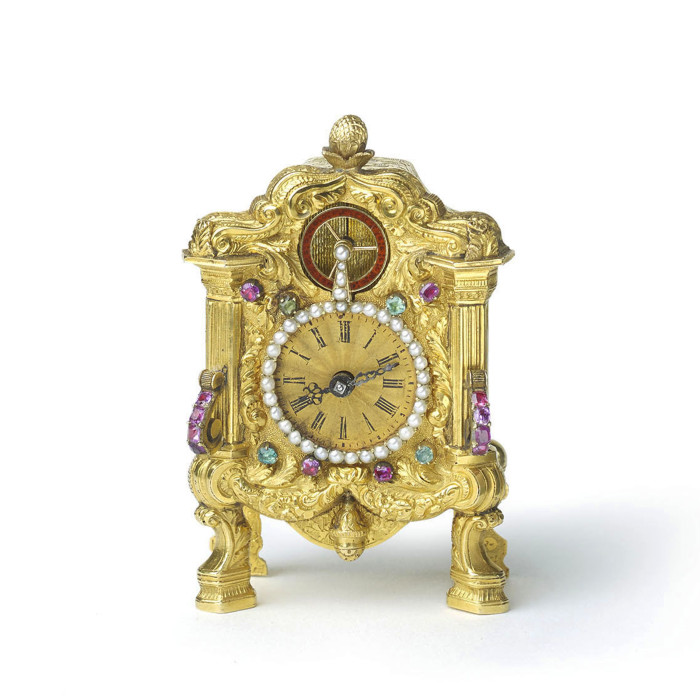 Viennese Antique Gold Emerald Ruby and Pearl Clock, Probably by Carl Wurm, Circa 1830