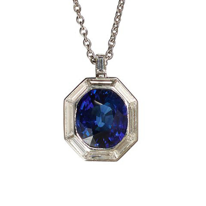 Modern Sapphire Diamond and Platinum Pendant, 4.50 Carats