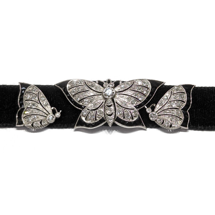 Art Deco Spaulding & Co. Diamond Black Onyx and Platinum Butterfly Choker, Circa 1925