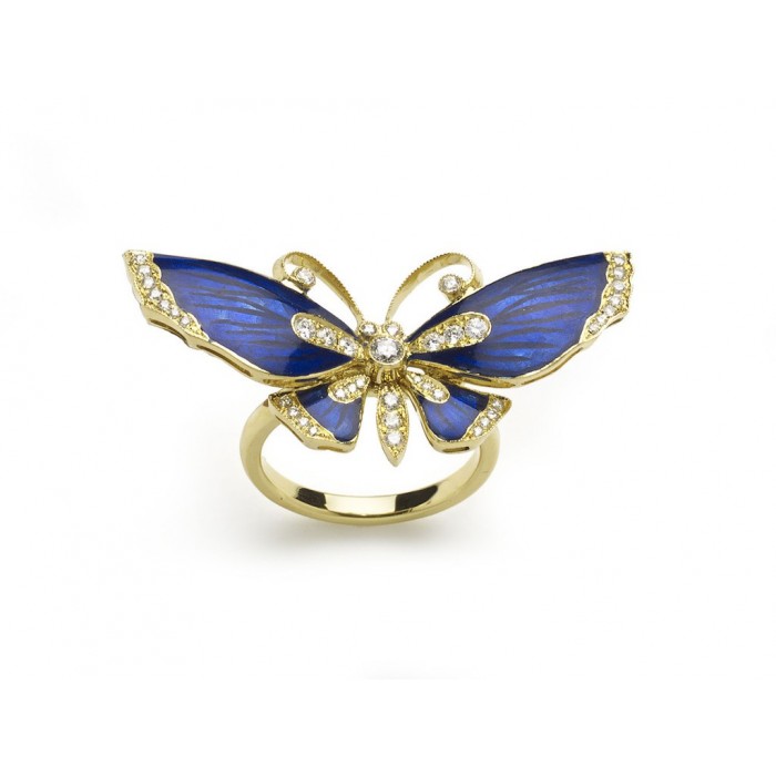 Blue Enamel Diamond and Gold Butterfly Ring