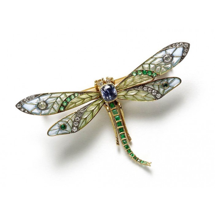 Plique à Jour Sapphire, Emerald and Diamond Dragonfly Brooch