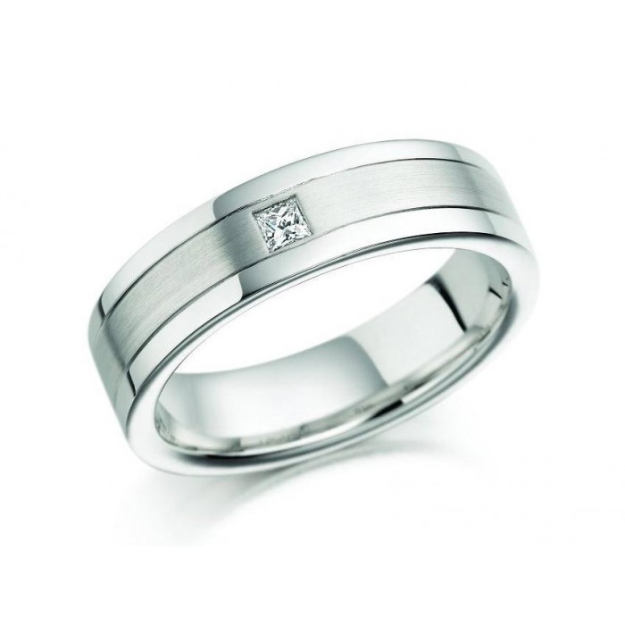 Princess- Cut Diamond Flat Satin and Polish Finished 18ct White Gold Wedding Ring, 0.08ct