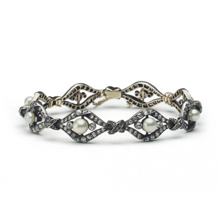 Antique Pearl Diamond and Silver Upon Gold Bracelet, Circa 1890