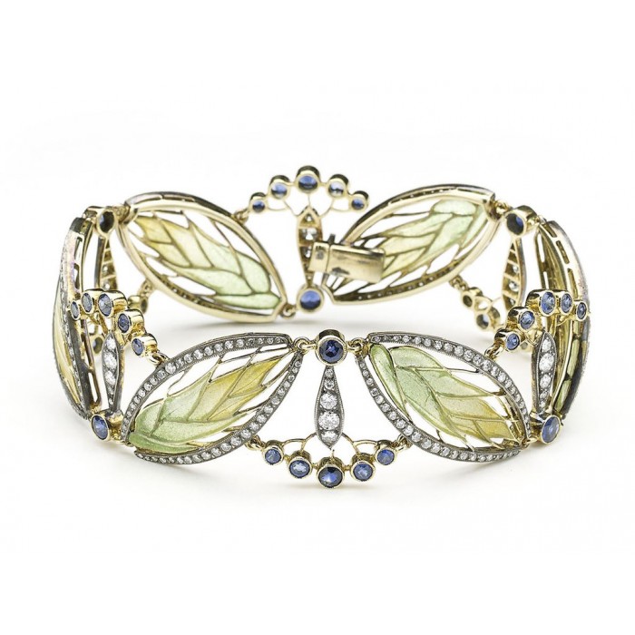 Moira Wheat and Seed Heads Plique à Jour Enamel Sapphire Diamond Gold and Silver Bracelet