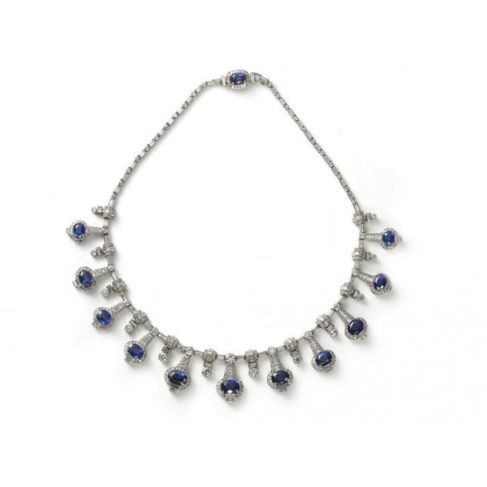 Modern Sapphire, Diamond and Platinum Fringe Necklace
